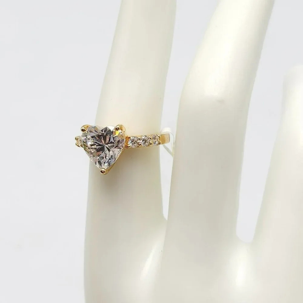 Clear Rhinestone Heart Shaped Gold Vermeil Over Sterling Silver Ring Size 7 - Picture 2 of 6